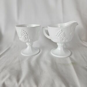 Vintage Indiana Glass Colony Harvest Grape Milk Glass Creamer Sugar Bowl Set